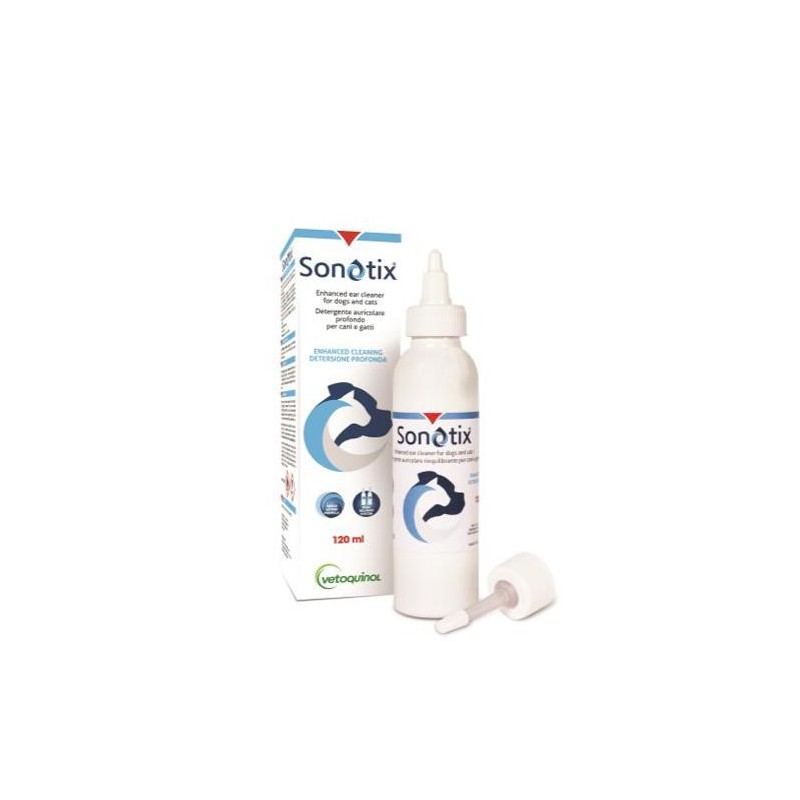 Sonotix Detergente Auricolare Profondo Cani E Gatti Flacone 120 Ml + Cannula Corta Rigida + Cannula Lunga Flessibile