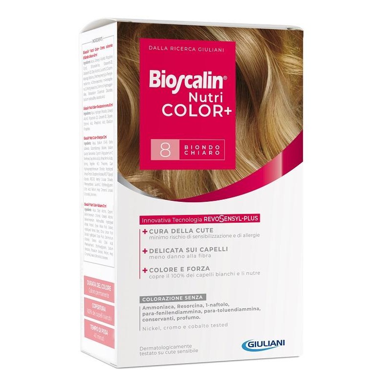 Bioscalin Nutricolor Plus 8 Biondo Chiaro Crema Colorante 40 Ml + Rivelatore Crema 60 Ml + Shampoo 12 Ml + Trattamento Finale Ba