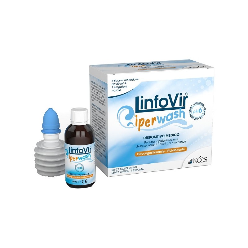 Linfovir Iperwash Soluzione Salina Ipertonica Tamponata 8 Flaconi Da 60 Ml + 1 Erogatore Nasale